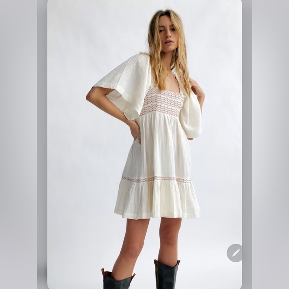 Free People Easy to Love Mini Dress Smocked Cute Romantic Babydoll - Picture 1 of 7